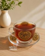 فنجان نعلبکی بلور طرح محرم 🖤 | طرح نام مبارک امام حسین و حضرت عباس | دارای جعبه | تک و عمده - Image 2