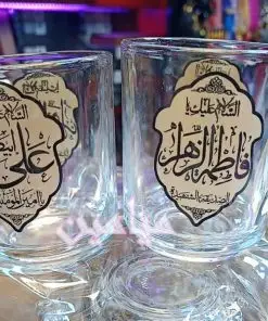استکان دسته دار بلور فاطمیه 🖤 | طرح نام مبارک حضرت زهرا (س) و امام علی (ع) | چاپ ثابت و کوره ای | دست 6 عددی