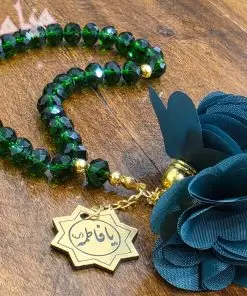 تسبیح کریستالی سبز دو گل حریر فاطمیه 💚 | 33 تایی با پلاک طلایی نام مبارک حضرت زهرا (س) | تک و عمده