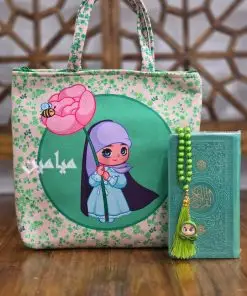 پک جشن عبادت میامین ❤️ | شامل ست کیف جانماز و سجاده مخمل + روسری +قرآن پالتوی رنگی + تسبیح عروسکی | تک و عمده