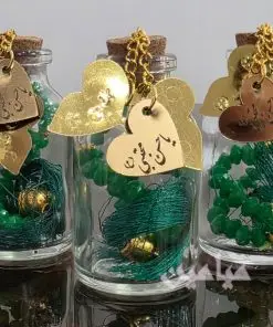 تسبیح کریستالی شیشه دار امام حسنی 💚 | ۳۳ تایی سبز با پلاک طلایی نام مبارک امام حسن | تک و عمده