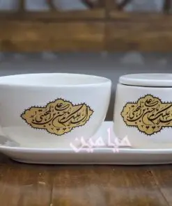 ست سرامیکی پذیرایی طرح نام مبارک امام حسن مجتبی (ع) 💚 | سینی فنجان و قندان | بهمراه جعبه | تک و عمده