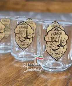 استکان دسته دار (نیم لیوان) بلور مذهبی ❤️ | دو رو چاپ | طرح نام مبارک حضرت زهرا (س) و امام علی (ع) | چاپ ثابت و کوره ای | دست 6 عددی