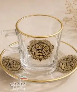 نیم لیوان دسته دار و نعلبکی بلور طرح نام مبارک امام علی (ع) و حضرت فاطمه (س) ‌‌| دست ۶ تایی | دارای جعبه | چاپ کوره ای و ثابت | تک و عمده